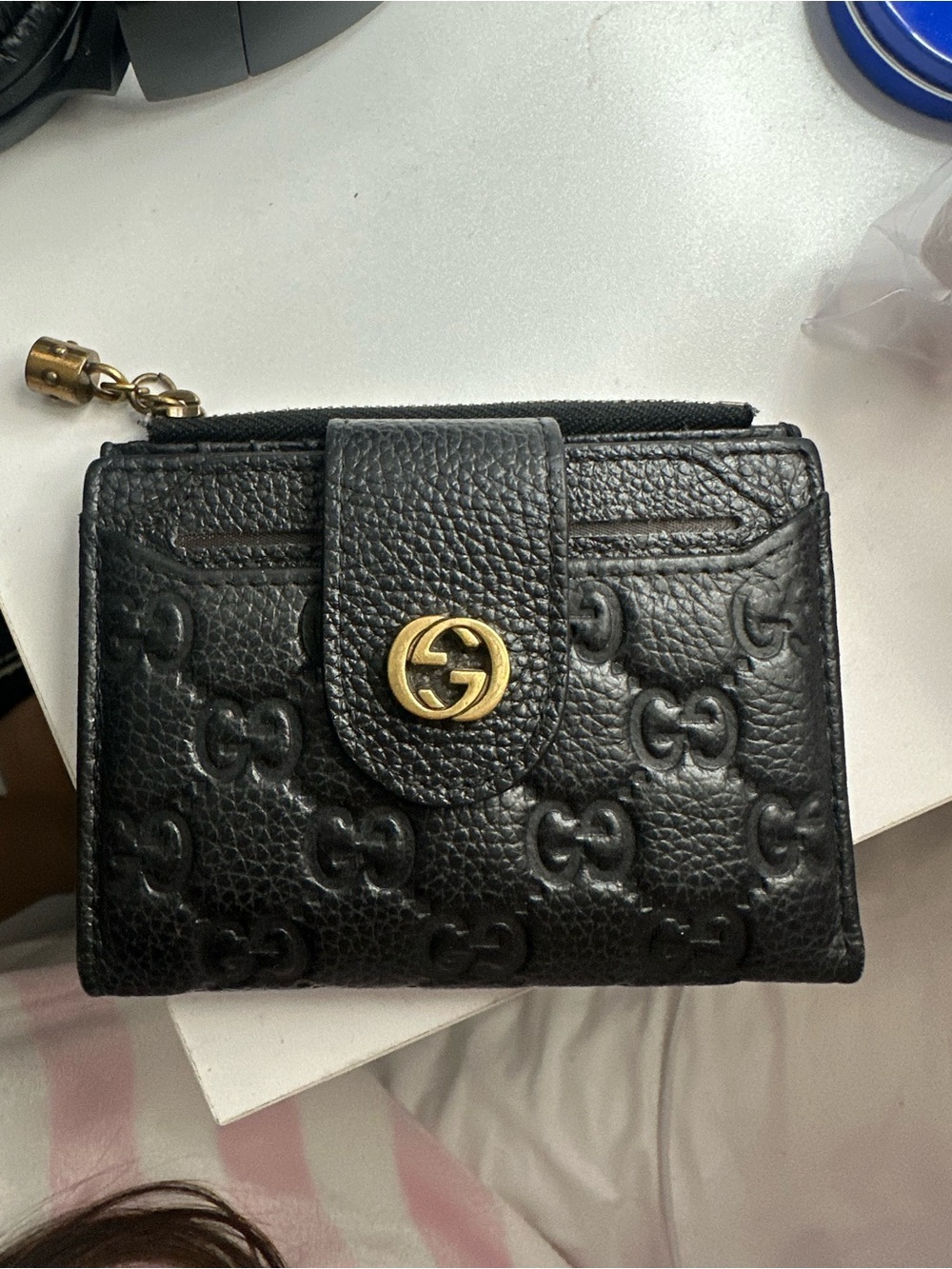Gucci Black Pebbled Leather Embossed GG Wallet with Gold Hardware